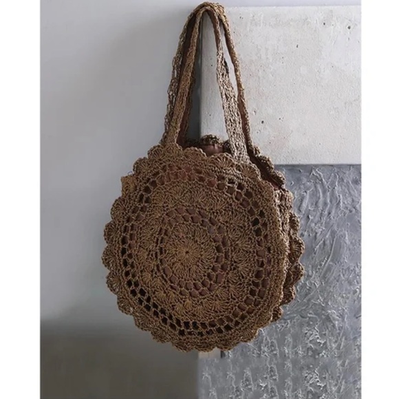 Boho Coffee Brown Straw Round Bag - Picture 5 of 7